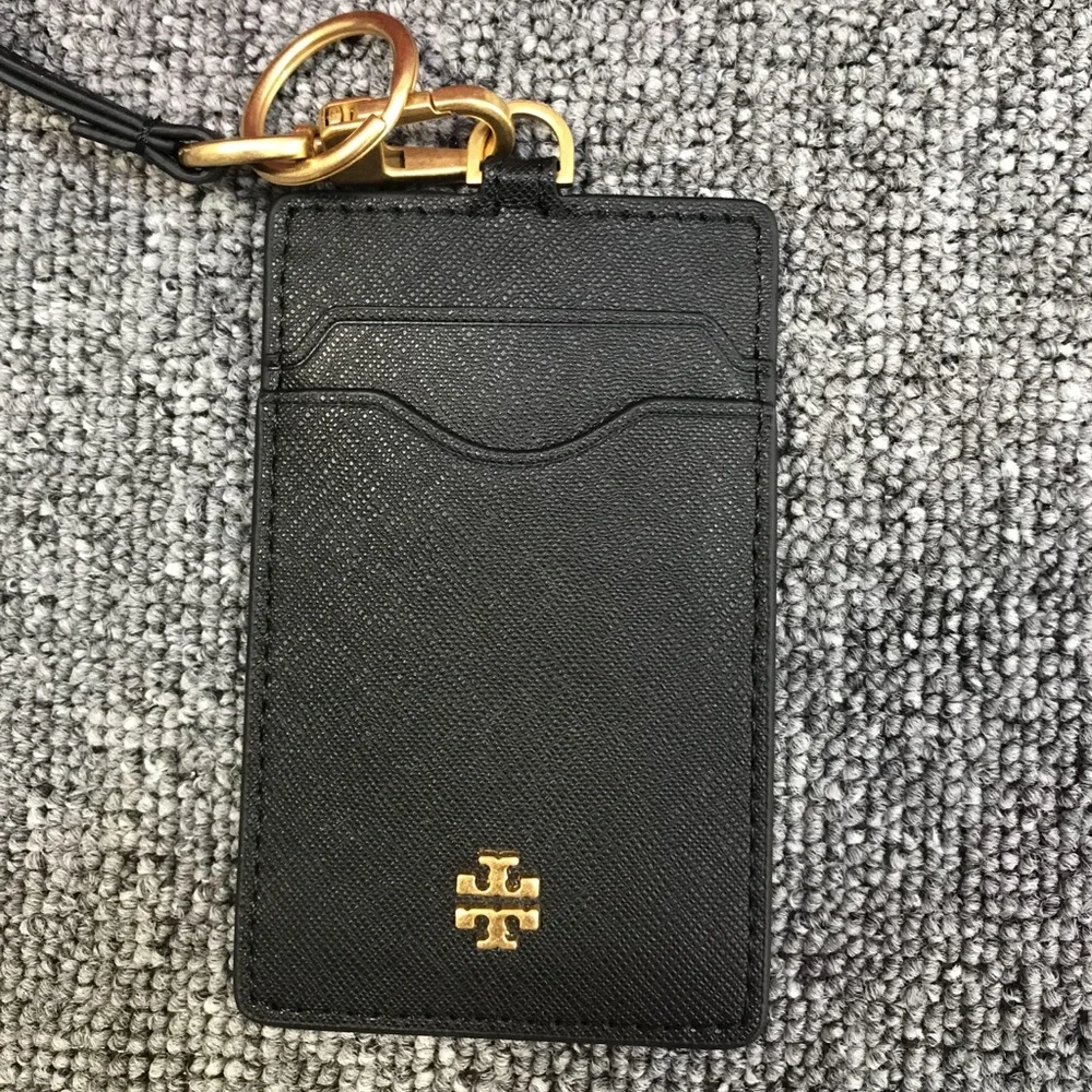 Tory Burch Black and Gold Card Holder with Lanyard